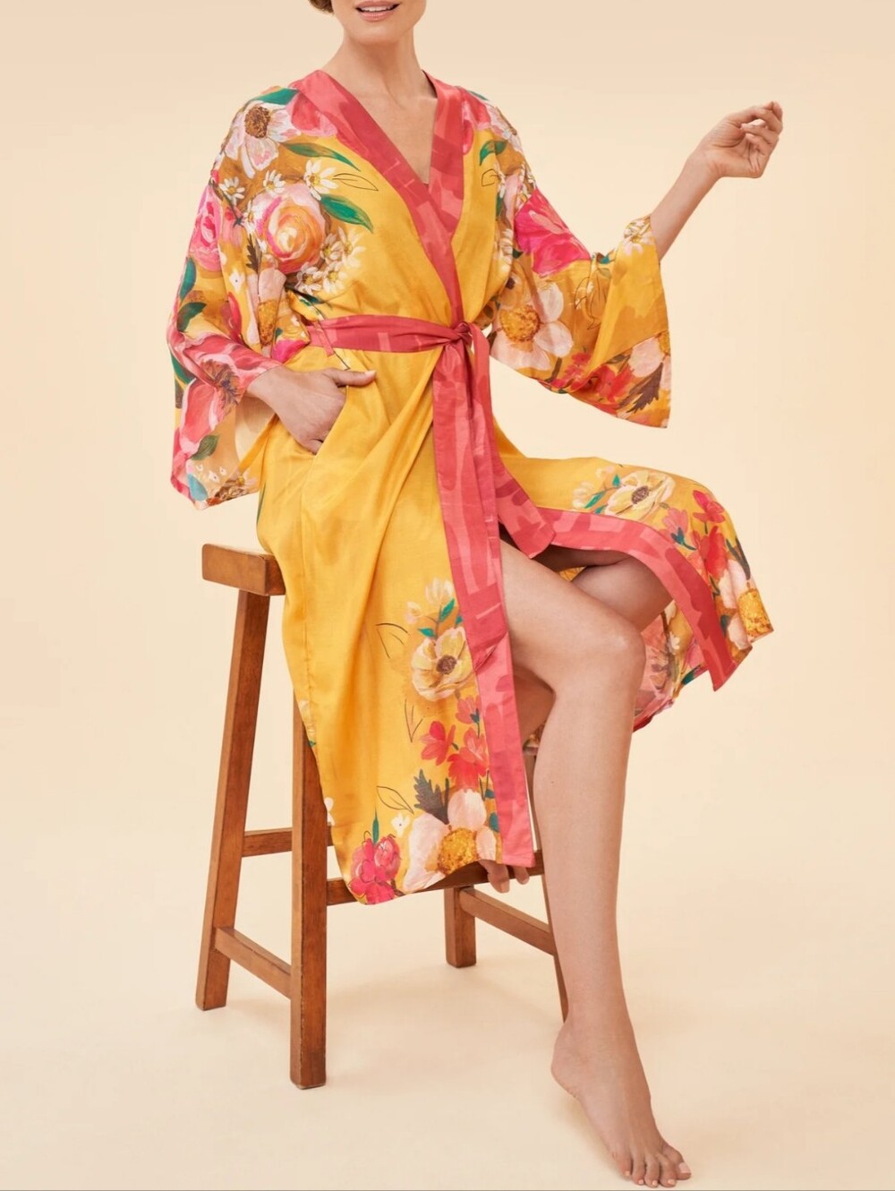 Powder Impressionist Floral Kimono Gown Robe in Mustard